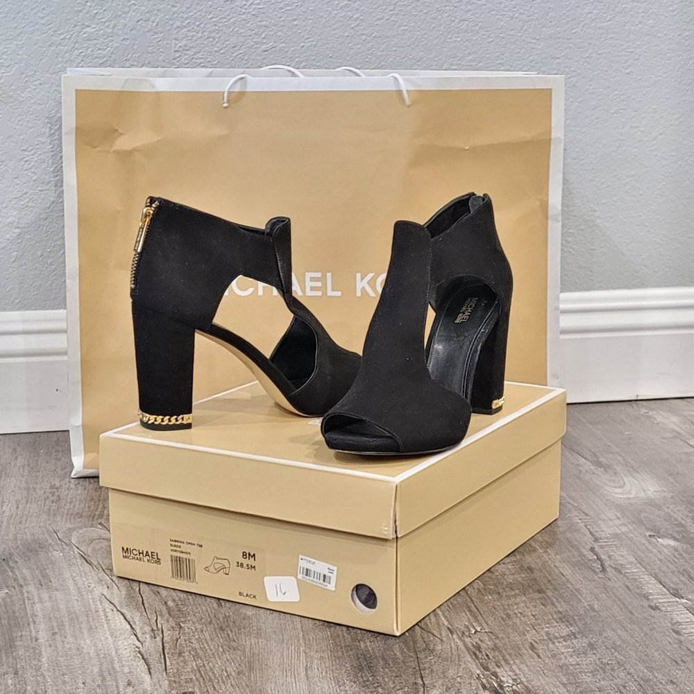 Michael Kors Sabrina Suede Open-Toe Peep Sandal Black Bootie Sz 8 38.5m